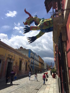 A giant alebrije hangs over an art store on the Alcala, Oaxaca City's fabulous pedestrian street.